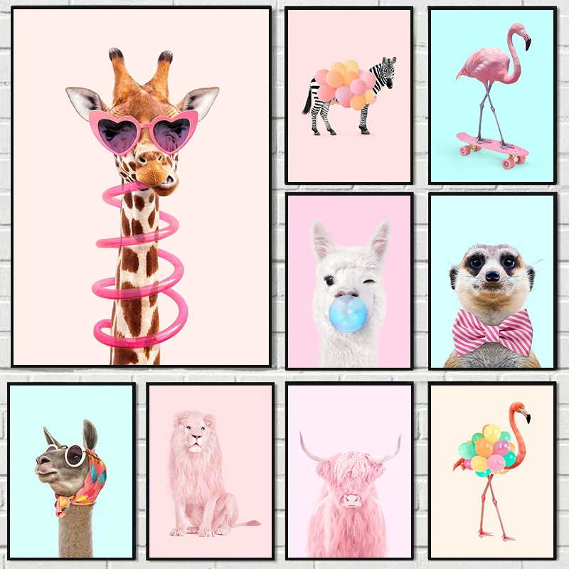 Photography Trend - Lustiges Mode-Poster mit Giraffe, Zebra, Flamingo,