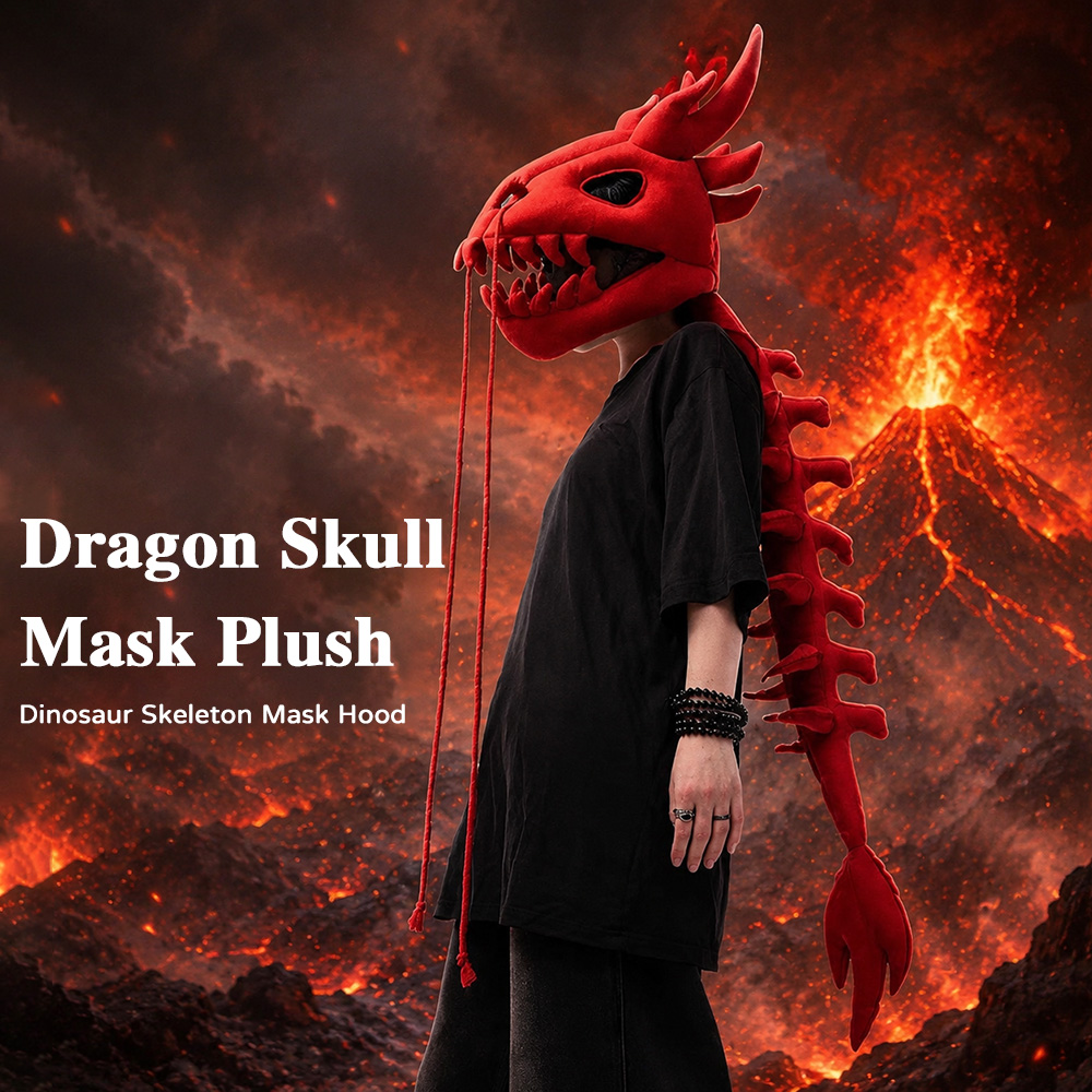 Photography Fashion - Drachen-Schädel-Säulen-Plüschhaube Lange Dinosaurier-Skelett-Kopfmaske Cosplay-Party-Kopfbedeckung für Halloween-Kostüm