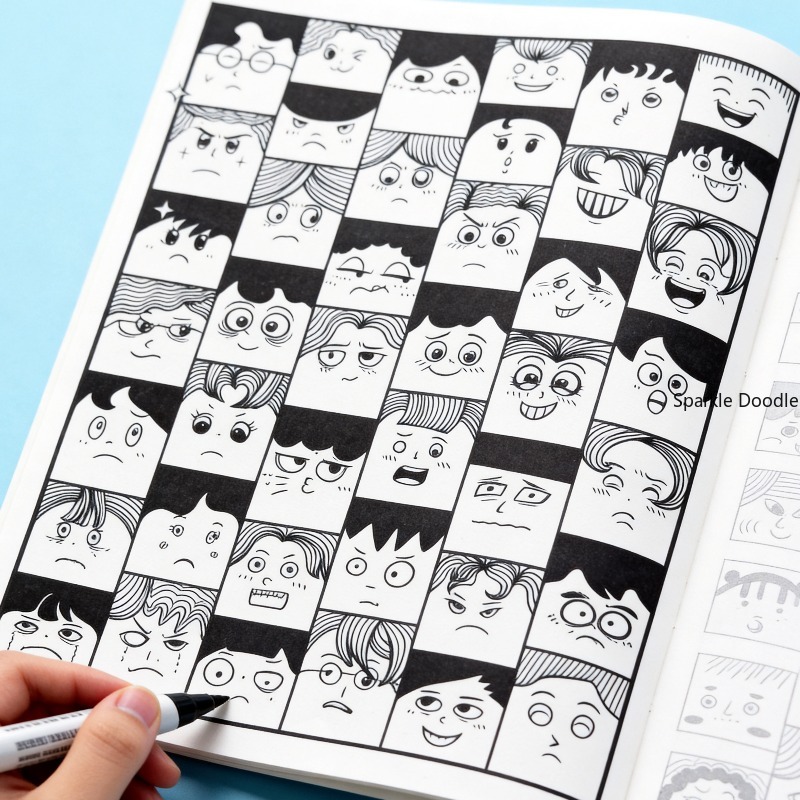 Photography Of Book - Ein 40-seitiges Erwachsenen-Malbuch mit einfachen Cartoon-Gesichtszügen,